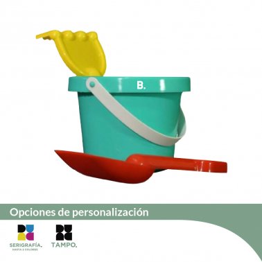 Balde con pala y rastrillo de playa